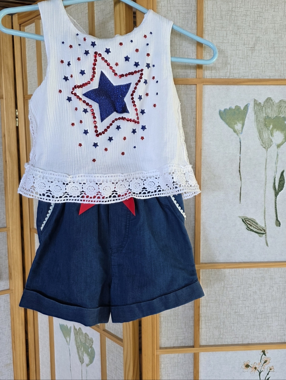 Little Lass July Romper -Lace & Chambray Red White & Blue Star With Sequins 4T